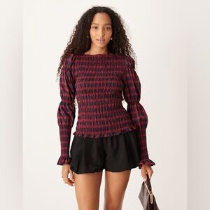 NWT Amy Lynn Shirred Long Sleeved Top in Red Check